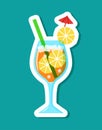 Vector cocktail sticker in cartoon style. Isolated orange juice in glass with citrus slices and ice Royalty Free Stock Photo