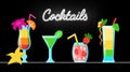 Vector cocktails with fruits on the table near neon `Cocktail` sign on black. Drinks collection in cartoon style Royalty Free Stock Photo