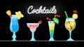 Vector cocktails with fruits on the table near neon `Cocktail` sign on black. Drinks collection in cartoon style Royalty Free Stock Photo