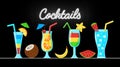 Vector cocktails with fruits on the table near neon `Cocktail` sign on black. Drinks collection in cartoon style Royalty Free Stock Photo