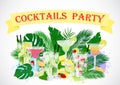 Vector Cocktails Party poster with cocktail set and tropic leaves. Royalty Free Stock Photo