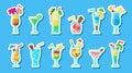 Vector Cocktails Stickers Collection isolated on blue. Summer Cold Colorful Cartoon Drinks with fruit slices and flowers