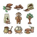 Vector cocoa products handdrawn sketch icons chocolate cacao production sweet illustration.