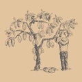 Vector cocoa tree with man character farmer hand drawn sketch