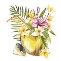 Vector coconut hand drawn sketch with palm leaf, plumeria and a pink hibiscus flowers. Watercolor vector tropical food