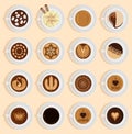 Vector coffe top view realistic drink different coffee recipe like cappuccino, chocolate, latte on cup blackboard