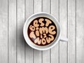 Vector Coffee cup with time lettering about best time is now on realistic wooden background. Cappuccino from above with Royalty Free Stock Photo