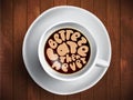 Vector Coffee cup with time lettering about better late then never on realistic wooden background. Cappuccino from above Royalty Free Stock Photo