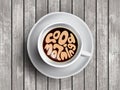 Vector Coffee cup with time lettering about good morning, awaking on realistic wooden background. Cappuccino from above