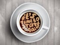 Vector Coffee cup with time lettering about It Is Time to start again on realistic wooden background. Cappuccino from Royalty Free Stock Photo