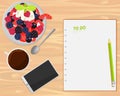 Vector coffee, fruit salad, smartphone and notebook on wood background.