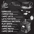 Vector coffee menu with a cup of coffee and coffee grinder