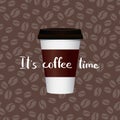 Vector coffee in paper cup with lettering on coffee beans background illustration