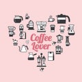 Vector Coffee set shape heart. Coffee lover set . Royalty Free Stock Photo