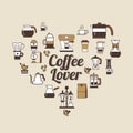 Vector Coffee set shape heart. Coffee lover set . Royalty Free Stock Photo