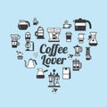 Vector Coffee set shape heart. Coffee lover set . Royalty Free Stock Photo