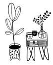 Vector cartoon coffee table and plants sketch Royalty Free Stock Photo