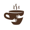 Creative coffee or tea cup and hands logo design. Cafe or restaurant symbol. Royalty Free Stock Photo