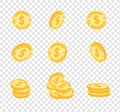 Vector coins, gold coins, dollars money in different angles on transparency background