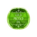 Vector Cold Pressed Oil Label, Green Watercolor Circle, Handwritten Letters, Scribble Lines.