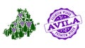 Collage of Grape Wine Map of Avila Province and Premium Wines Stamp