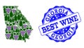 Collage of Grape Wine Map of Georgia State and Best Wine Stamp Royalty Free Stock Photo