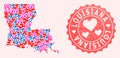 Collage of Love Smile Map of Louisiana State and Grunge Heart Stamp