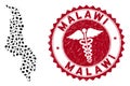 Mosaic Malawi Map with Scratched Medic Stamp Seal