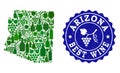 Composition of Grape Wine Map of Arizona State and Best Wine Grunge Stamp