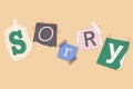 Vector Collage with the Word Sorry from scrap paper with tape in scrapbooking style.