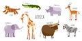 Vector collection with african animals. Illustration with cute animals for children. Elephant, giraffe, crocodile, tiger