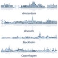 Vector collection of Amsterdam, Brussels, Stockholm and Copenhagen abstract city skylines in tints of blue color palette