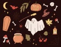 Vector collection of autumn halloween icons: pumpkin, ghost, moon, bat, spider, pot, sceleton, rowan, fallen leaves Royalty Free Stock Photo