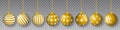 Vector collection of beautiful hanging gold colored decorated christmas ornaments on transparent background