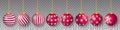 Vector collection of beautiful hanging red colored decorated christmas ornaments on transparent background