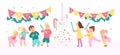 Vector collection of birthday party happy kids with balloons, pinata playing and celebrating isolated on white background. Royalty Free Stock Photo