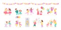 Vector collection of birthday party happy kids with balloons, pinata playing and celebrating isolated on white background. Royalty Free Stock Photo