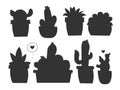 Vector collection of black hand drawn cactus sketch in pot collection isolated on white background. Flat cactus icon set Royalty Free Stock Photo