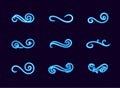 Vector Collection of Blue Neon Swirly Lines, Divider Lines, Glowing Filigree.