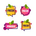 Vector collection of bright and shine speech bubble stickers, emblems and banners with leaf and fresh word