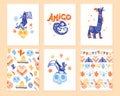 Vector collection of cards with traditional decoration for Mexico day dead party, dia de los muertos celebration in flat hand draw Royalty Free Stock Photo