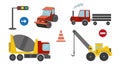 Vector collection with cars. Asphalt roller, concrete mixer and tractor. Heavy construction equipment set. Vector flat