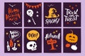 Vector collection of cartoon Halloween celebration cards and flayers with lettering and cute funny animals. Royalty Free Stock Photo