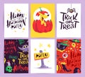 Vector collection of cartoon Halloween celebration cards and flayers with lettering and cute funny animals. Royalty Free Stock Photo