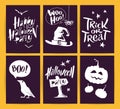 Vector collection of cartoon Halloween celebration cards and flayers with lettering and cute funny animals Royalty Free Stock Photo