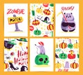 Vector collection of cartoon Halloween celebration cards and flayers with lettering and cute funny animals. Royalty Free Stock Photo