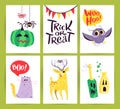 Vector collection of cartoon Halloween celebration cards and flayers with lettering and funny animals. Royalty Free Stock Photo