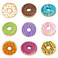 Vector collection with colorful donuts. Glaze, sprinkle and chocolate donuts with hand drawn texture.