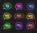 Vector Collection of Colorful Neon Speech Bubbles with Percents Offer, Sale Tags Set.