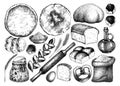 Vector collection of cooking ingredients, sweet products, bread. Hand drawn illustration for bakery, baking goods shop, recipes Royalty Free Stock Photo